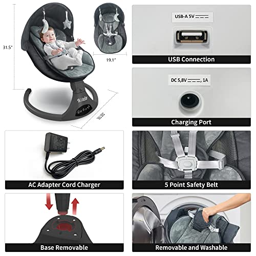 Electric Baby Swing for Infants,5-Speed Baby Swing with 12 Preset Lullabies,Remote Control Baby Rocker with Touch Screen Baby Chair for 5-20 lb,0-9 Months Suitable for Indoor and Outdoor.