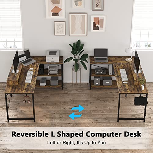 47 INCH L Shaped Computer Desk with Storage, Heavy Duty Home Office Desks with Monitor Stand, Corner Desk for Small Space Bedroom Study Writing Workstation PC Table, Easy to Assemble, Rustic Brown