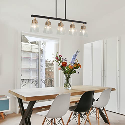 KSANA Gold Chandelier, 5-Light Modern Farmhouse Chandelier for Dining Room, Kitchen Island with Seeded Glass Shades, 34"