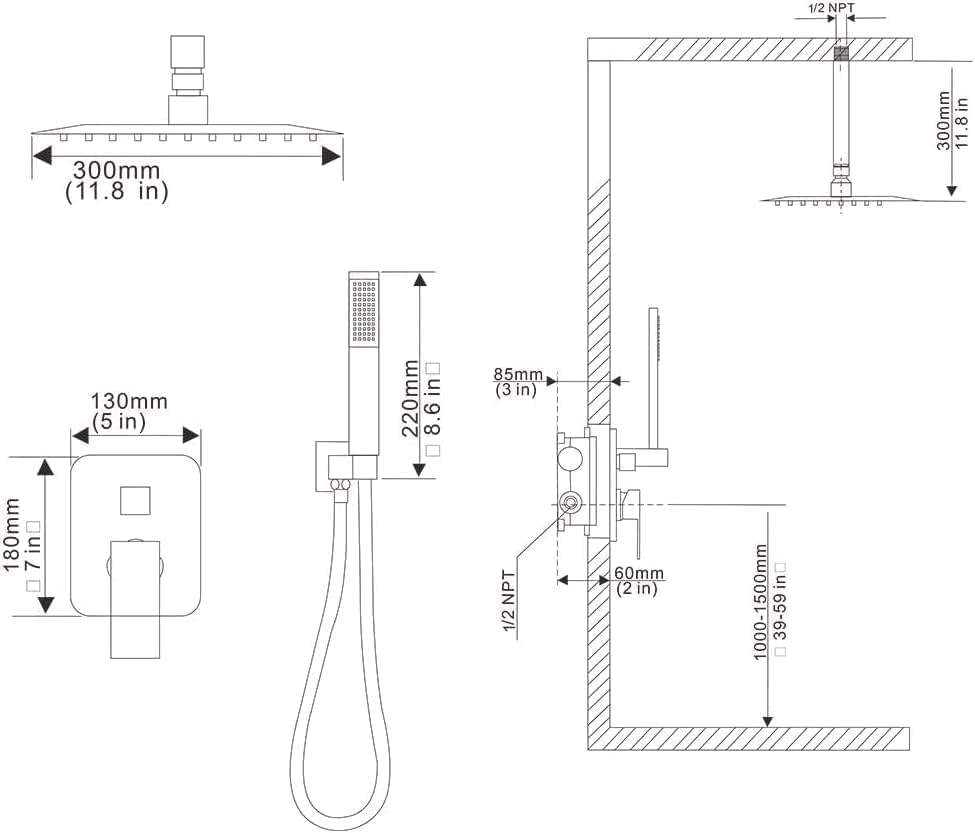 Heable Polished Chrome Shower System Bathroom 12 Inch Rain Shower Head Ceiling Mount with Handheld Luxury High Pressure Shower Combo Set Shower Faucet Rough-in Valve Body and Trim Included