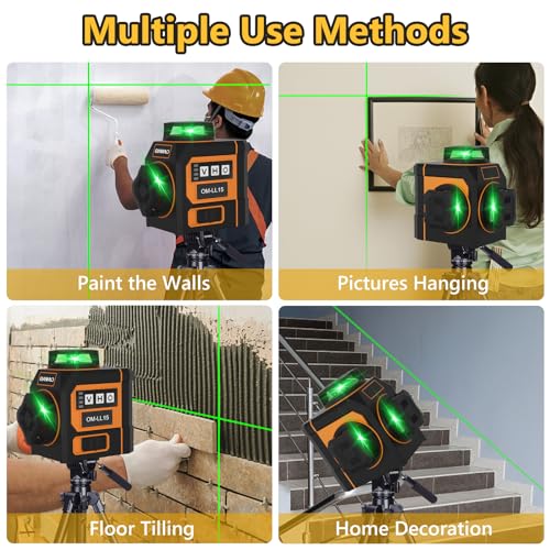 OMMO Laser Level, 12 Lines Green Laser Level 360 Self-leveling, 3x360° 3D Green Cross Line Laser Swivel Level with Rotatable Laser Window Battery and Remote Control