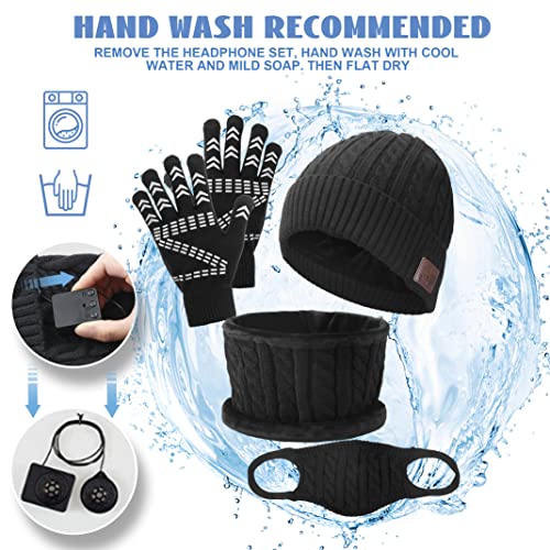 Music Beanie Hat Set - Women/Men's Winter Hat w/Headphones, Scarf, Touchscreen Gloves, Knit Mask, Unique Christmas Birthday Gifts Tech Gifts for Teens Men Women Gamer Worker