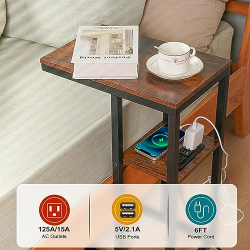 HXXUYY C End Table with Charging Station, Small Side Table for Small Spaces Bedside Table with with USB Ports&Outlets, Narrow Side Table Skinny Nightstand for Living Room/Bedroom/Couch