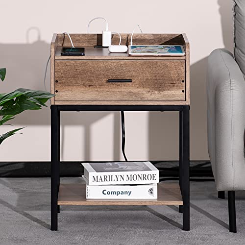Lerliuo Nightstand with Charging Station and USB Ports, 3-Tier End Side Table with Storage Drawer and Shelf, Modern Bedside Night Stand for Bedroom, Living Room- Greige and Black