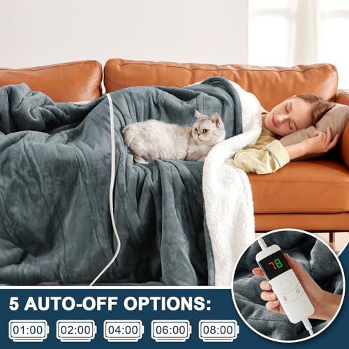 Electric Heated Blanket Heating Throw 50"x 60",Thick Soft Warming Plush Electric Lap Sherpa Blanket for Adults with 5-Position Timer &10 Heating Levels,Machine Washable(Grey)