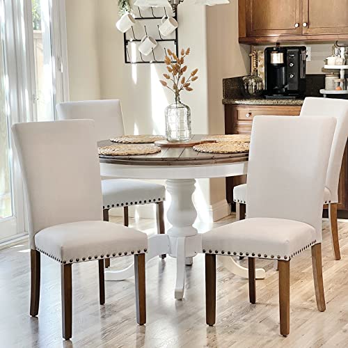COLAMY Upholstered Parsons Dining Chairs Set of 2, Fabric Dining Room Kitchen Side Chair with Nailhead Trim and Wood Legs - Beige