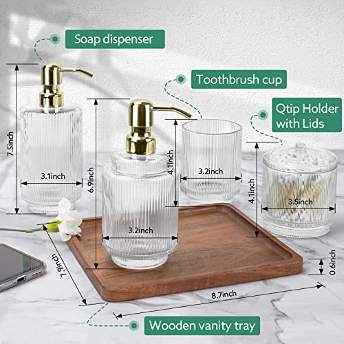 Bathroom Accessory Set,5 PCS Modern Premium Clear Glass Bath Accessories,Set of 2 Lotion Soap Dispensers,Toothbrush Holder,Qtip Holder & Acacia Wooden Tray,Gift for Home Decor & Countertop Organizer