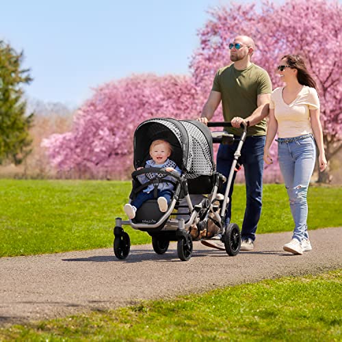 Dream On Me Track Tandem Double Umbrella Stroller in Black & White, Lightweight Double Stroller for Infant and Toddler, Multi-Position Reversible & Reclining Seats, Large Storage Basket and Canopy
