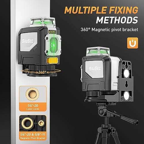 SAVSEC 901CG Self-Leveling Laser Level, 360° Cross-Line Laser Green-Beam with Pluse Mode, Magnetic Pivoting Base, Laser Enhancement Glasses Included