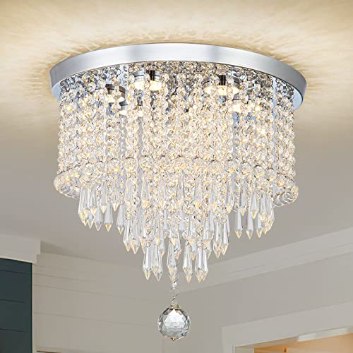 DSLITING Crystal Chandelier Ceiling Light Fixture Modern LED Chandelier 15.7'' Crystal Ceiling Light Small Flush Mount Chandelier Light Fixture for Bedroom Kitchen Dinning Room Living Room Chandelier