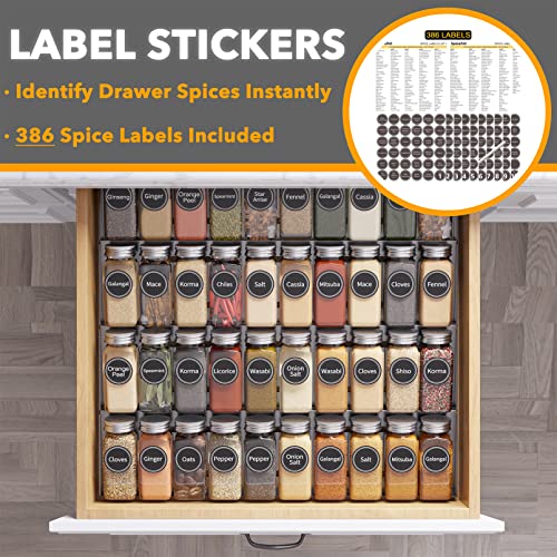 SpaceAid Spice Drawer Organizer with 40 Spice Jars, 386 Spice Labels and Chalk Marker, 4 Tier Seasoning Rack Tray Insert for Kitchen Drawers, 18.5" Wide x 17.5" Deep