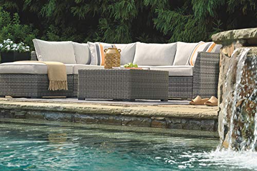 Signature Design by Ashley Outdoor Cherry Point 4 Piece Seating Set with Ottoman & Cocktail Table, Gray