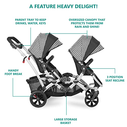 Dream On Me Track Tandem Double Umbrella Stroller in Black & White, Lightweight Double Stroller for Infant and Toddler, Multi-Position Reversible & Reclining Seats, Large Storage Basket and Canopy
