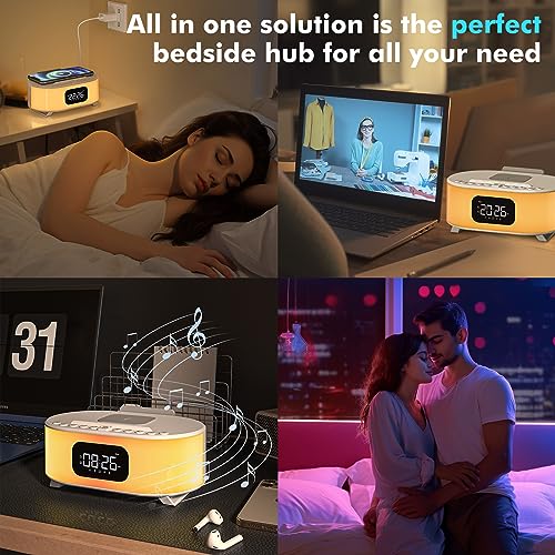 Digital Alarm Clock, Wireless Charger, Bluetooth Speaker, Snooze, Dual Alarms Sleep Timer 12 24H, Natural Sounds, Adjustable Night Light for Bedroom with 12 Colors, Ideal Gift for Heavy Sleepers