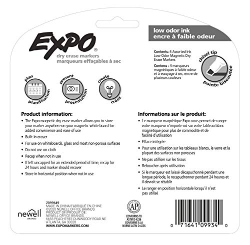 Expo Magnetic Dry Erase Markers with Eraser, Chisel Tip, Assorted, 4 Count