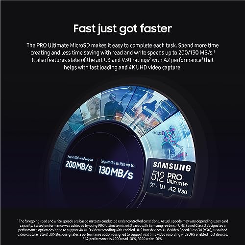SAMSUNG PRO Ultimate microSD Memory Card + Adapter, 512GB microSDXC, Up to 200 MB/s, 4K UHD, UHS-I, Class 10, U3,V30, A2 for GoPRO Action Cam, DJI Drone, Gaming, Phones, Tablets, MB-MY512SA/AM