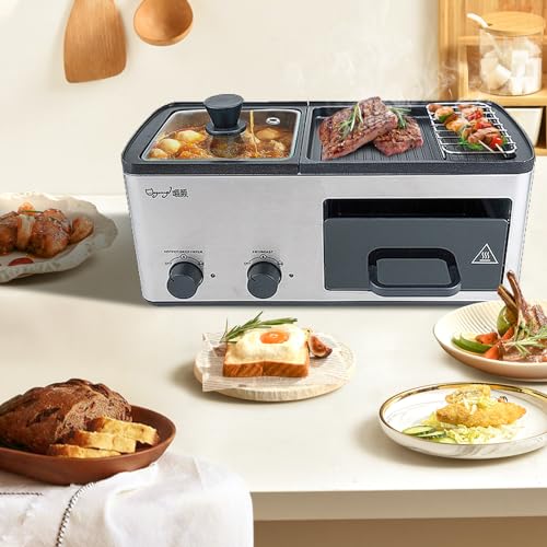 4 in 1 Breakfast Maker Station with Indoor Grill/Griddle/Toast Drawer/Frying Basket, Removable Nonstick Plates, Dual Temperature Control, Silver