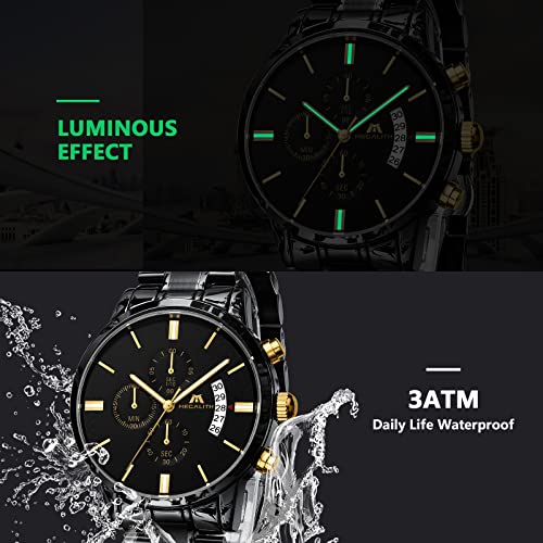 MEGALITH Mens Watches 45mm Chronograph Quartz Men's Wrist Watches Stainless Steel Black Waterproof Business Dress Watches for Men Luminous Date, Gifts for Men