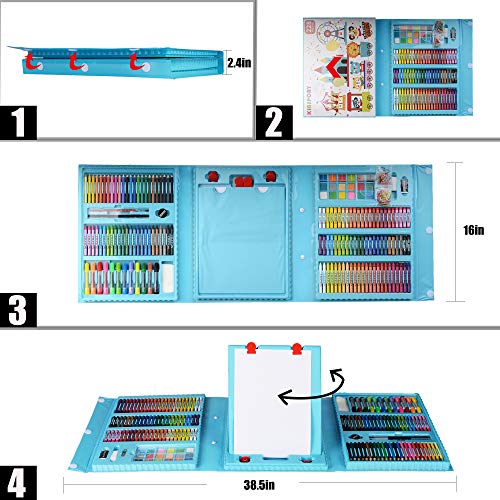 Art Supplies, KINSPORY 228 Pack Art Sets Crafts Drawing Coloring kit, Double-Side Trifold Art Easel, Oil Pastels, Crayons, Colored Pencils, Creative Gift for Beginners Artists Girls Boys Kids (Blue)