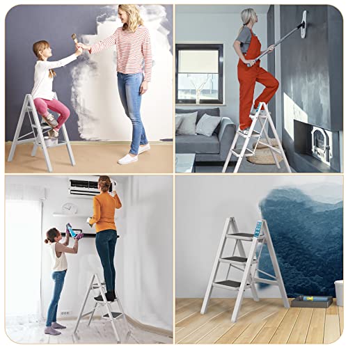 3 Step Ladder, SPIEEK Folding Step Stool with Wide Anti-Slip Thickened Pedal, Foldable Ladder 330 Lbs Capacity, Kitchen Step Stool for Adults, Lightweight Folding Ladder, White