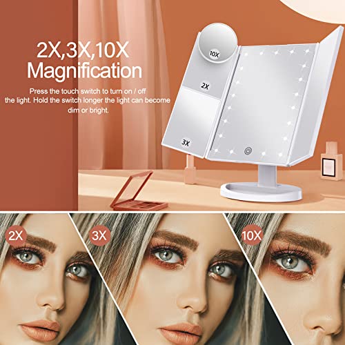 Makeup Mirror Vanity Mirror with Lights, 2X 3X 10X Magnification, Lighted Makeup Mirror, Touch Control, Trifold Makeup Mirror, Dual Power Supply, Portable LED Makeup Mirror, Women Gift (White+10X)