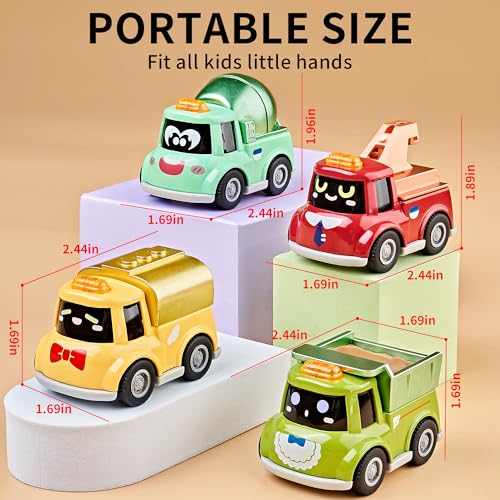 KIDAMI 4 PCS Die-Cast Metal Toy Cars & Trucks, Toddler Cartoon Pull Back Cars for Kids Birthday Gift Toys, Toddler Toys for 1 2 3 4 Years Old Boys Girls