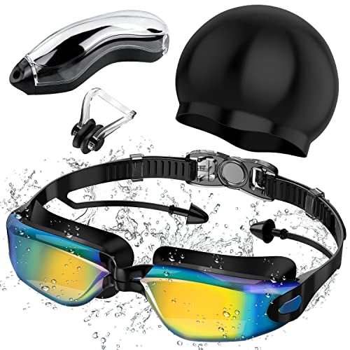 Swimming Goggles,Swimming Goggles Connected to Earplugs +Nose Clips+Elastic Swimming Caps, Swimming Goggles No Leaking Full Protection Adult Men Women Youth (yellow&blue)