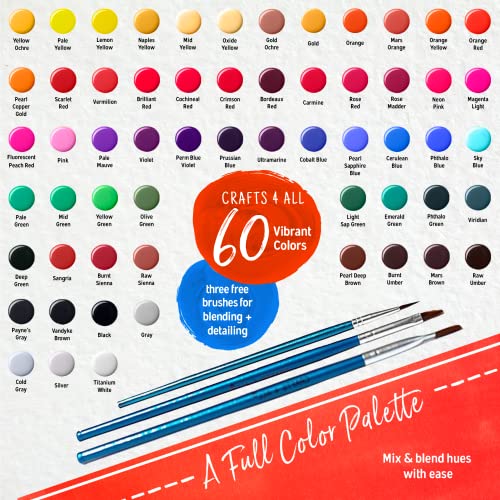Acrylic Paint Set for Adults and Kids - 60 Pack of 12mL Paints with 3 Art Brushes, Non-Toxic Craft Paint, Halloween Pumpkin Painting Kit - Canvas, Ceramic, Rock Paint - Art Supplies