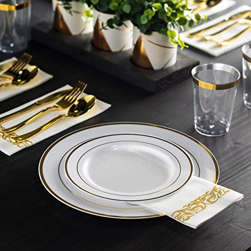 350 Piece Gold Dinnerware Set - 50 Guest Gold Rim Plastic Plates - 50 Gold Plastic Silverware - 50 Gold Rim Plastic Cups - 50 Linen Like Gold Paper Napkins, 50 Guest Disposable Gold Dinnerware Set