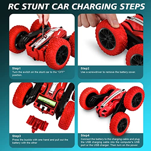 IVGUI Kids Remote Control Car for Boys, Indoor & Outdoor RC Cars Toys, Double-Sided Flip & 360° Rotating RC Car, 4WD 2.4Ghz RC Stunt Car with Headlights, 2 Rechargeable Batteries, Red