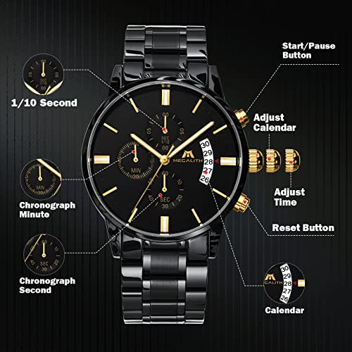 MEGALITH Mens Watches 45mm Chronograph Quartz Men's Wrist Watches Stainless Steel Black Waterproof Business Dress Watches for Men Luminous Date, Gifts for Men