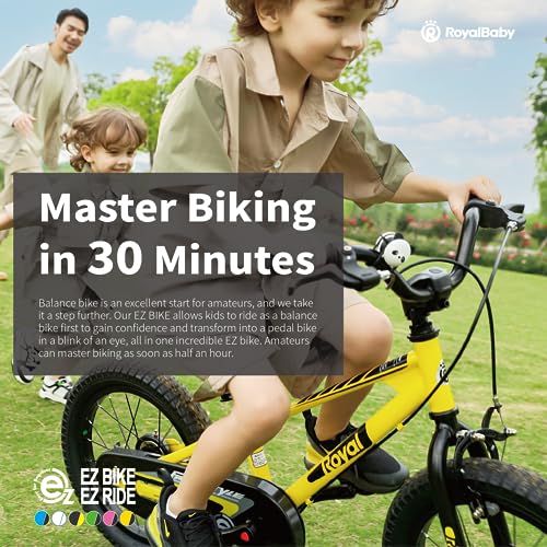 Royalbaby Freestyle EZ Kids Bike, Easy Learn Balancing to Biking, 16 Inch Balance & Pedal Bicycle, Instant Assembly Boys Girls Ages 4-7 Years, 16" Yellow