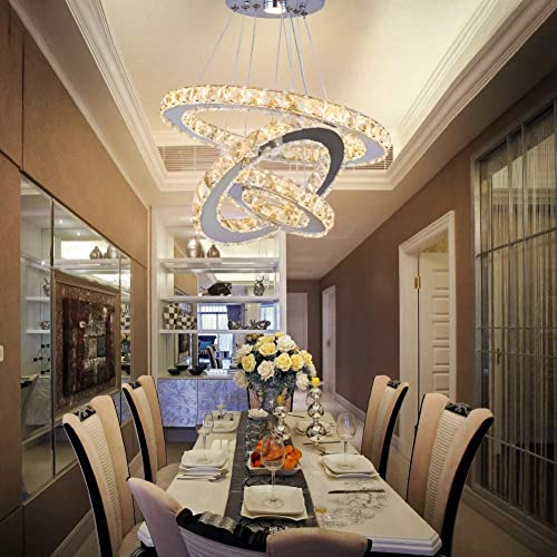 Modern LED Crystal Chandeliers 3 Ring Round Pendant Lighting Fixtures DIY Stainless Steel Ceiling Lamp Hanging Lights for Living Room Dining Room Bedroom Kitchen (Changeable Light)