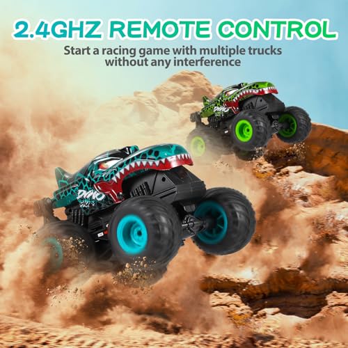 DYODYORC RC Monster Truck, 2.4Ghz High Speed Remote Control Car, All Terrain RC Truck with Light&Music&360°Stunt, RC Dinosaur Car with 2 Rechargeable Batteries, Toy Gifts for Boys and Girls (Cyan)