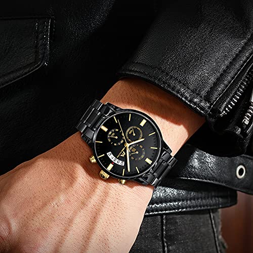 MEGALITH Mens Watches 45mm Chronograph Quartz Men's Wrist Watches Stainless Steel Black Waterproof Business Dress Watches for Men Luminous Date, Gifts for Men