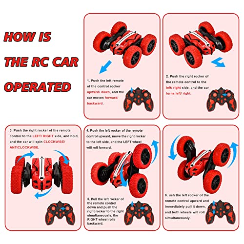 IVGUI Kids Remote Control Car for Boys, Indoor & Outdoor RC Cars Toys, Double-Sided Flip & 360° Rotating RC Car, 4WD 2.4Ghz RC Stunt Car with Headlights, 2 Rechargeable Batteries, Red