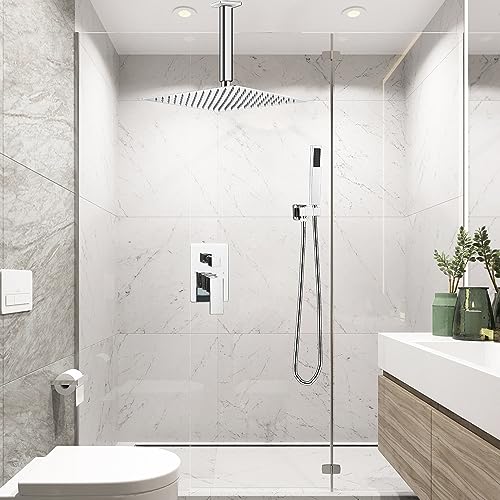 Heable Polished Chrome Shower System Bathroom 12 Inch Rain Shower Head Ceiling Mount with Handheld Luxury High Pressure Shower Combo Set Shower Faucet Rough-in Valve Body and Trim Included
