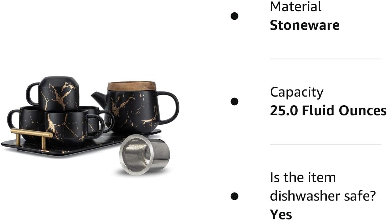 Black Tea Set, 25oz Tea Pot Sets with Infuser, 4 Tea Cups and Porcelain Tray, Luxury Tea Sets for Women with Modern Marble Design, Tea Gift Set for Tea Lovers, Woman and Men