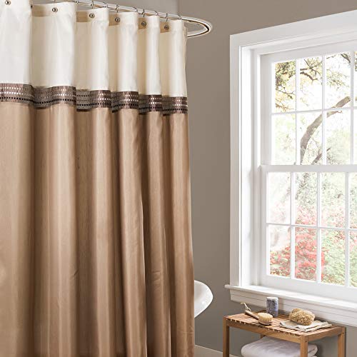 Lush Decor Terra Color Block Shower Curtain Fabric Striped Neutral Bathroom Decor, 72-Inch Beige/Ivory, 72" x 72", Beige & Ivory