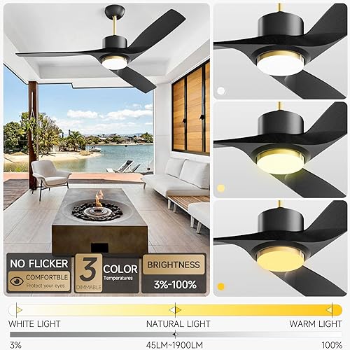 52 Inch Black Ceiling Fans with Lights Remote Control, Modern Large Outdoor Ceiling Fan with Dimmable LED Light, Reversible DC Motor, High CFM Outdoor Solid Wood Ceiling Fans for Patios Gazebo Bedroom