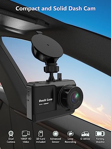 Dash Cam Front and Rear, Mini Dash Cam 1080P Full HD with 32GB SD Card, 2.45 inch IPS Screen, 2 Mounting Ways, Night Vision, WDR, Accident Lock, Loop Recording, Parking Monitor