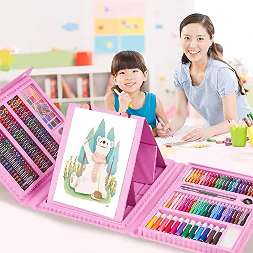 DLUCKY 208 PCS Art Supplies, Drawing Art Kit for Kids Adults Art Set with Double Sided Trifold Easel, Oil Pastels, Crayons, Colored Pencils, Watercolor Pens Gift for Girls Boys Artist,Blue