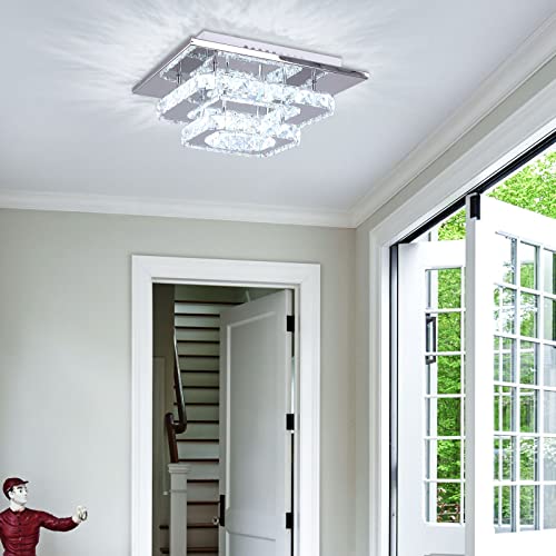 Cainjiazh Mini Chandelier LED Crystal Ceiling Light 2 Layers Flush Mount Ceiling Light Modern Chandelier Lighting for Hallway Staircase Kitchen Bathroom (Cool White)