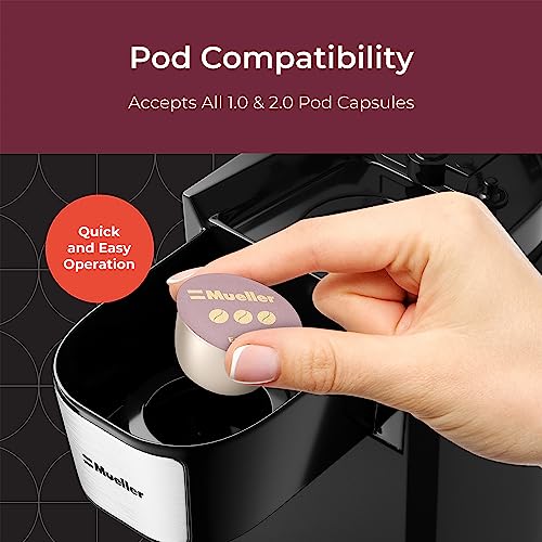 Mueller Single Serve Coffee Maker, Coffee Machine for Pod Coffee, 10 oz Water Tank, Quick Brewing, One Touch Operation, Compact for Home, Office, RV, Black