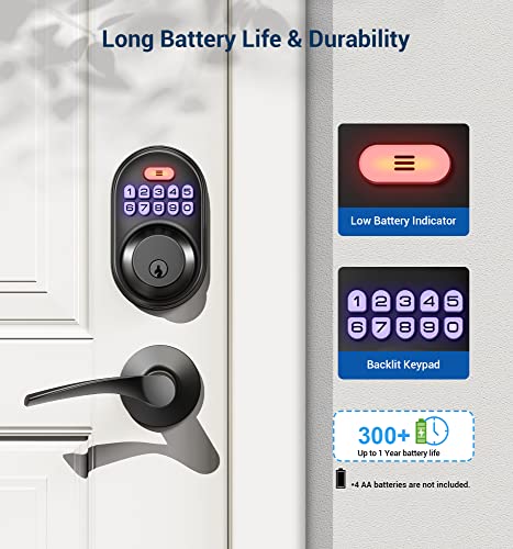 Veise Keyless Entry Door Lock with 2 Lever Handles - Electronic Keypad Deadbolt, Auto Lock, Back Lit & Easy Installation Design, Front Door Handle Sets,Matte Black