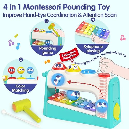 HOLA Toys for 1 Year Old Boy Gifts- 4 in1 Musical Pounding Toy with Xylophone, 1 Year Old Boy Birthday Gift,