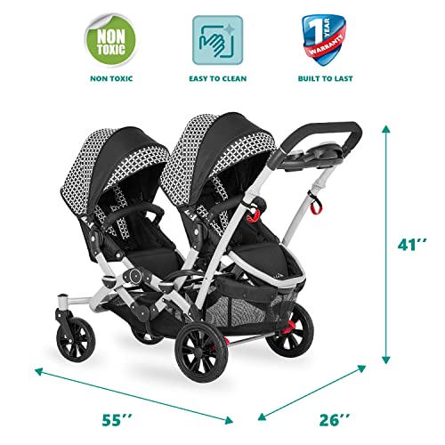Dream On Me Track Tandem Double Umbrella Stroller in Black & White, Lightweight Double Stroller for Infant and Toddler, Multi-Position Reversible & Reclining Seats, Large Storage Basket and Canopy