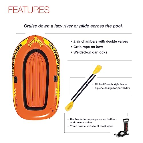 INTEX 58332EP Explorer 300 Inflatable Boat Set: Includes Deluxe Aluminum Oars and Mini Hand Pump – 3-Person – Dual Air Chambers – Grab Rope – 410lb Weight Capacity