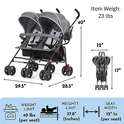 Dream On Me Volgo Twin Umbrella Stroller in Gray, Lightweight Double Stroller for Infant & Toddler, Compact Easy Fold, Large Storage Basket, Large and Adjustable Canopy