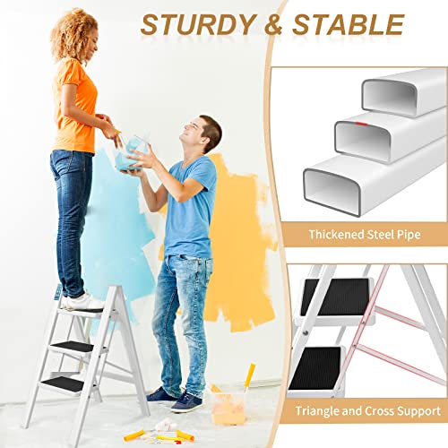 3 Step Ladder, SPIEEK Folding Step Stool with Wide Anti-Slip Thickened Pedal, Foldable Ladder 330 Lbs Capacity, Kitchen Step Stool for Adults, Lightweight Folding Ladder, White